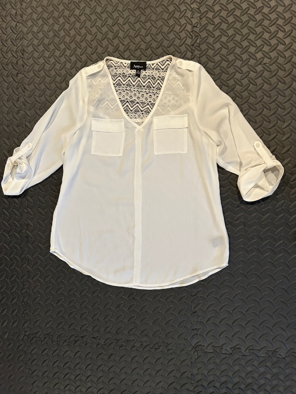 White V-Neck Lace-Yoke Roll-Tab Blouse